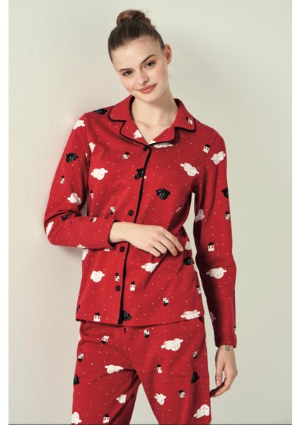 Kırmızı Cotton Düğmeli Yaka Bulut Desenli Kadın Pijama Takımı modelleri