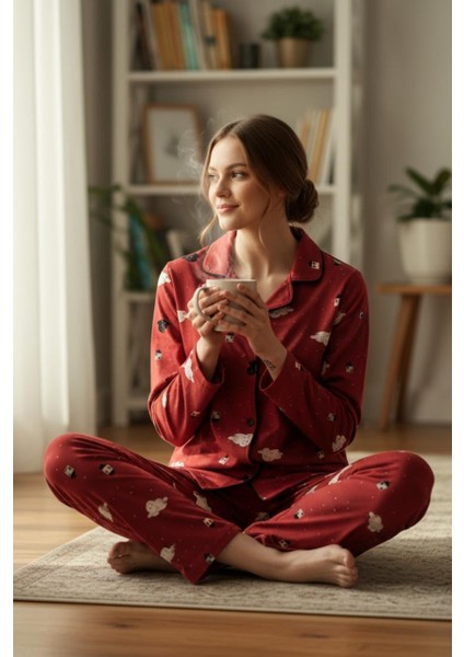 Kırmızı Cotton Düğmeli Yaka Bulut Desenli Kadın Pijama Takımı indirimleri