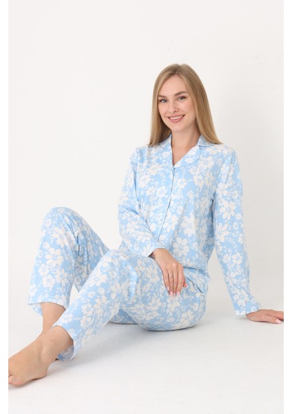 Kadın Uzun Kollu Önden Düğmeli Zarf Yaka Pijama Takım 68252