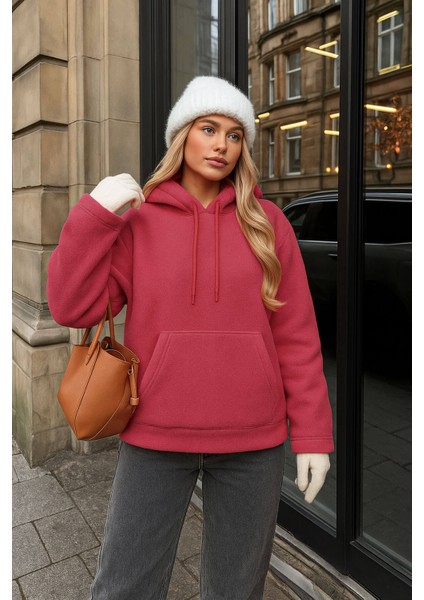 Kadın Kapüşonlu Cepli Mercan Polar Sweatshirt