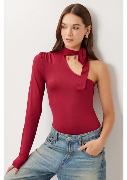 Fularlı Asimetrik Örme Bluz LUB0310 Bordo