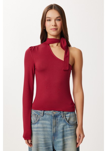 Fularlı Asimetrik Örme Bluz LUB0310 Bordo modelleri