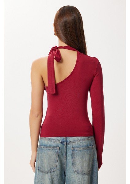 Fularlı Asimetrik Örme Bluz LUB0310 Bordo indirimleri