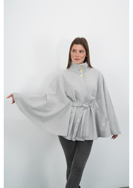 Dik Yaka Kuşaklı Kaşe Panço-Gri