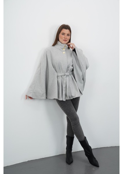 Dik Yaka Kuşaklı Kaşe Panço-Gri fiyatları