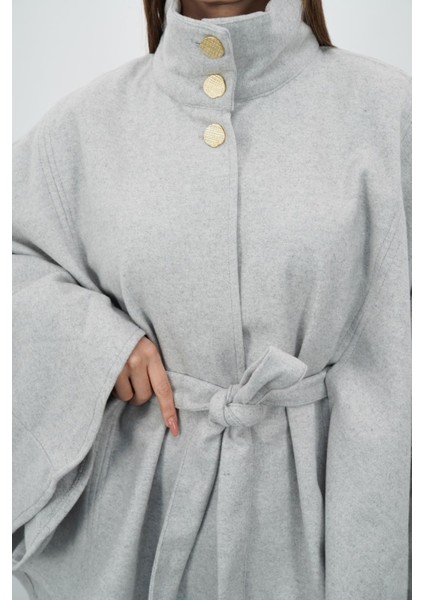 Dik Yaka Kuşaklı Kaşe Panço-Gri modelleri