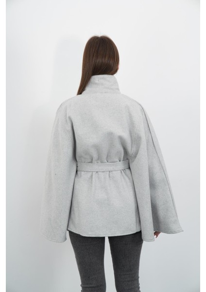 Dik Yaka Kuşaklı Kaşe Panço-Gri fırsatları