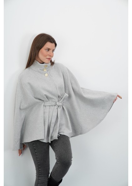 Dik Yaka Kuşaklı Kaşe Panço-Gri
