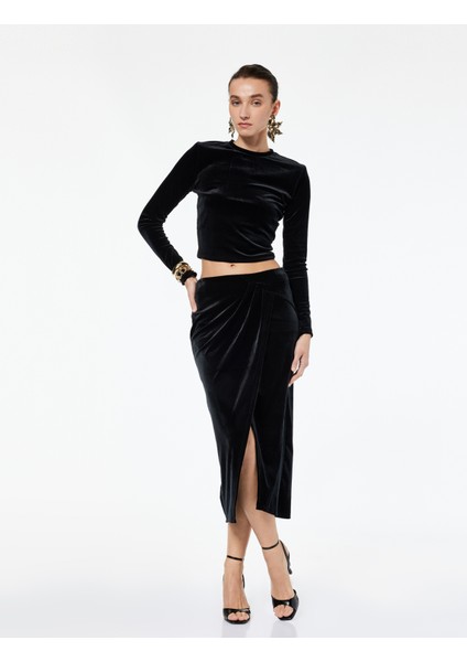 Slim Fit Drapeli Yırtmaçlı Kruvaze Midi Kadife Etek