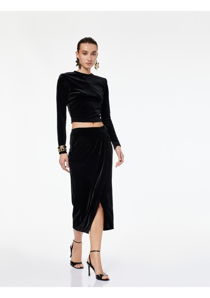 Slim Fit Drapeli Yırtmaçlı Kruvaze Midi Kadife Etek fiyatları