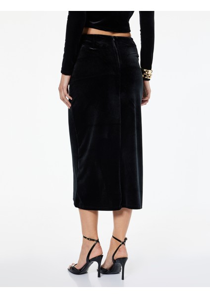 Slim Fit Drapeli Yırtmaçlı Kruvaze Midi Kadife Etek fırsatları