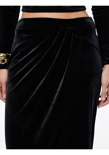 Slim Fit Drapeli Yırtmaçlı Kruvaze Midi Kadife Etek indirimleri