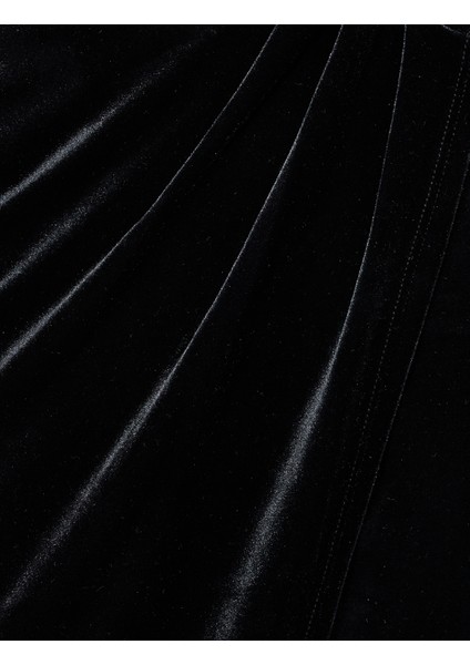 Slim Fit Drapeli Yırtmaçlı Kruvaze Midi Kadife Etek