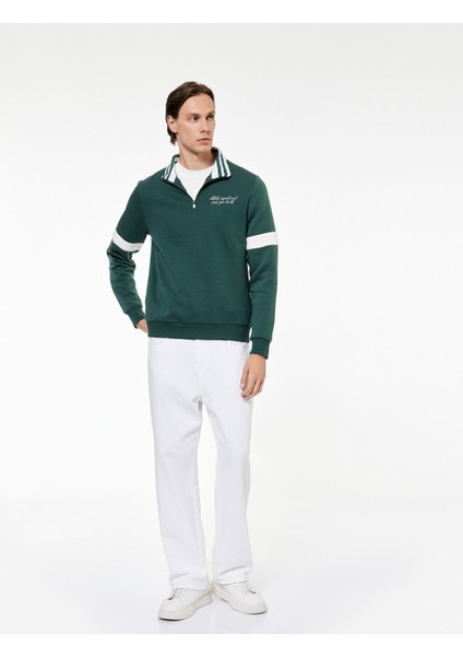 Şardonlu Uzun Kollu Kolej Nakışlı Renk Kontrastlı Yarım Fermuarlı Sweatshirt