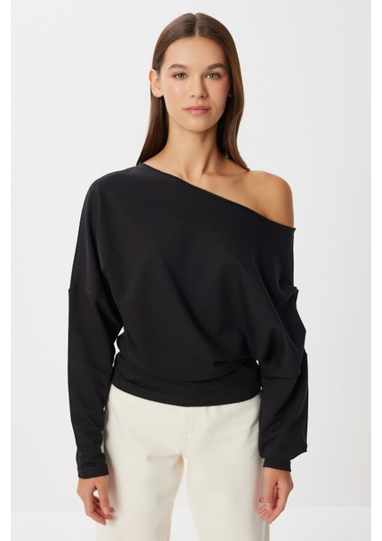 Açık Omuzlu Örme Sweatshirt LEN0044 Siyah fiyatları
