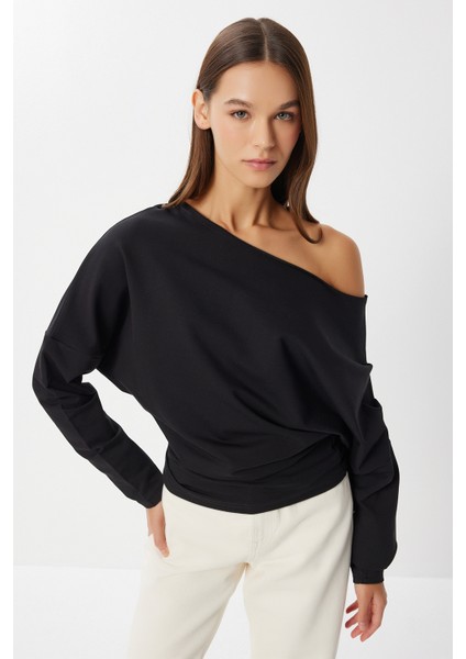 Açık Omuzlu Örme Sweatshirt LEN0044 Siyah modelleri