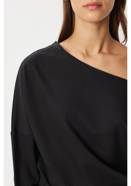 Açık Omuzlu Örme Sweatshirt LEN0044 Siyah fırsatları
