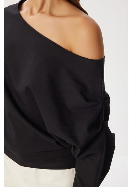 Açık Omuzlu Örme Sweatshirt LEN0044 Siyah indirimleri