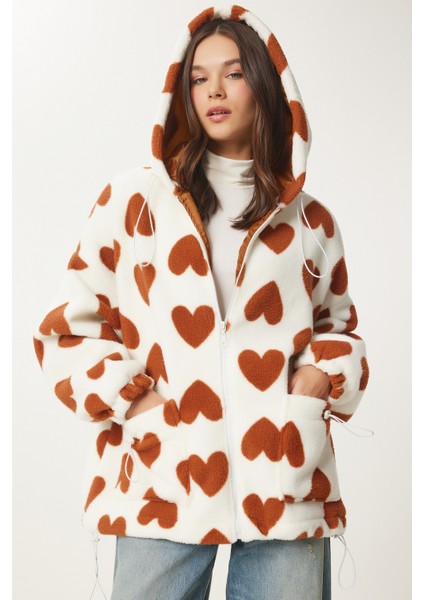 Kapüşonlu Kalpli Peluş Mont LRI0005 Bisküvi Ekru