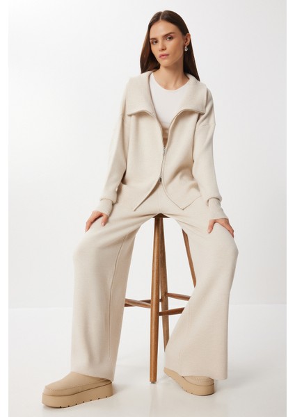 Fermuarlı Hırka Pantolon Triko Takım LAN0077 Taş