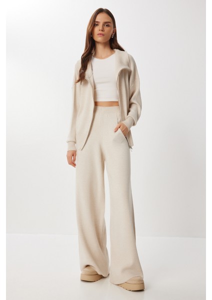 Fermuarlı Hırka Pantolon Triko Takım LAN0077 Taş modelleri