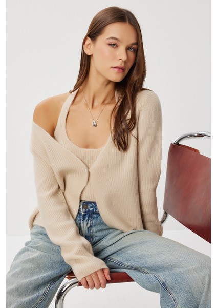 2'li Triko Bluz-Hırka Takım LAN0078 Bej