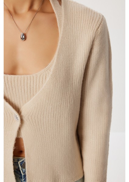 2'li Triko Bluz-Hırka Takım LAN0078 Bej fırsatları