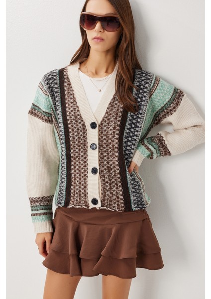 Yumuşak Dokulu Desenli Triko Hırka LRW0009 Taş Kahverengi