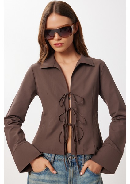 Bağcıklı Dar Kesim Poplin Gömlek LDZ0057 Kahverengi