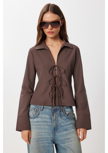 Bağcıklı Dar Kesim Poplin Gömlek LDZ0057 Kahverengi modelleri