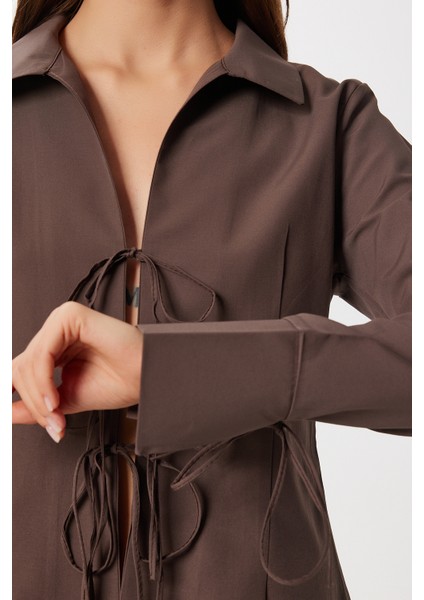 Bağcıklı Dar Kesim Poplin Gömlek LDZ0057 Kahverengi fırsatları