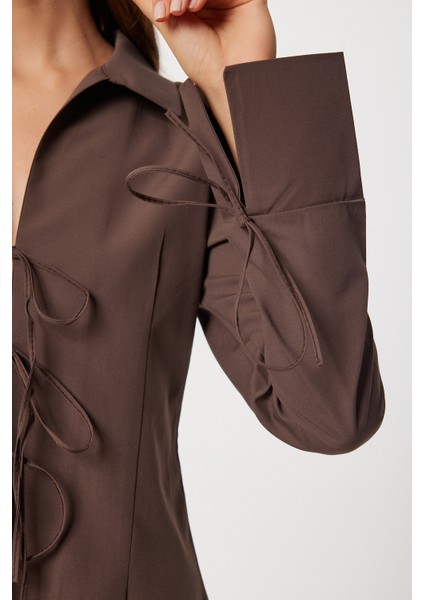 Bağcıklı Dar Kesim Poplin Gömlek LDZ0057 Kahverengi indirimleri