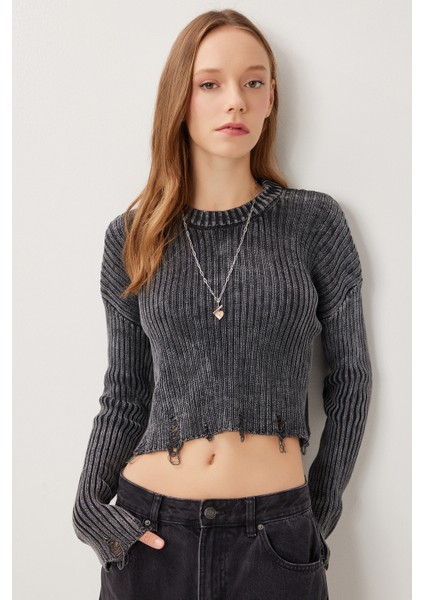 Yırtık Detaylı Crop Triko Kazak LDM0010 Antrasit