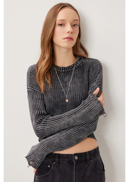 Yırtık Detaylı Crop Triko Kazak LDM0010 Antrasit modelleri