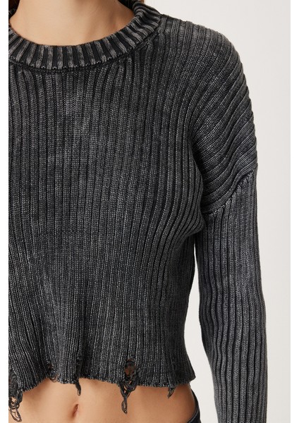 Yırtık Detaylı Crop Triko Kazak LDM0010 Antrasit indirimleri