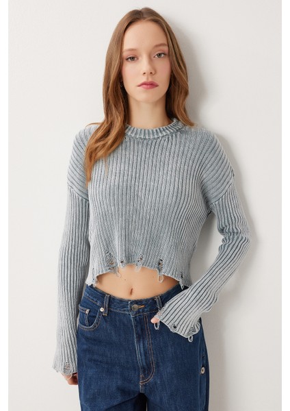 Yırtık Detaylı Crop Triko Kazak LDM0010 Gri