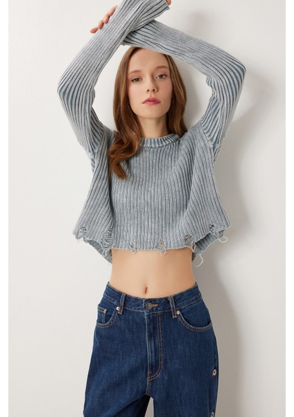 Yırtık Detaylı Crop Triko Kazak LDM0010 Gri fiyatları