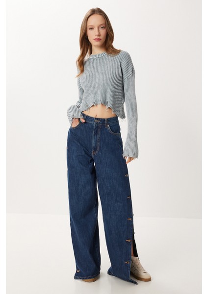 Yırtık Detaylı Crop Triko Kazak LDM0010 Gri modelleri