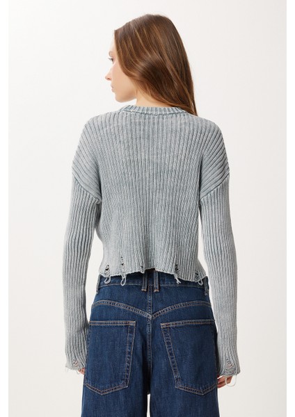 Yırtık Detaylı Crop Triko Kazak LDM0010 Gri indirimleri