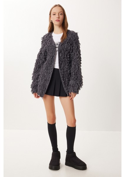 Saçaklı Oversize Triko Hırka LKİ0046 Antrasit