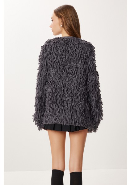 Saçaklı Oversize Triko Hırka LKİ0046 Antrasit indirimleri