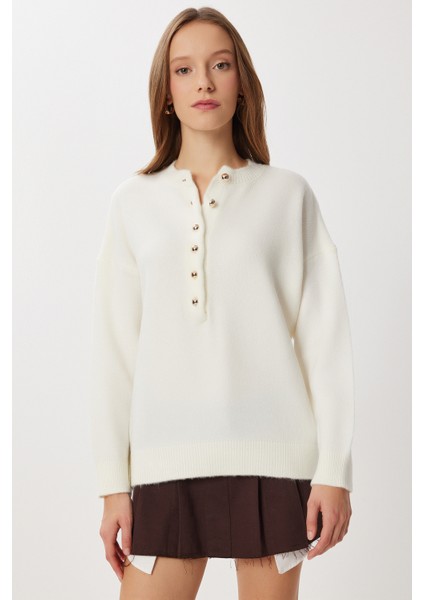 Düğmeli Yumuşak Dokulu Triko Kazak LMT0045 Kemik fırsatları