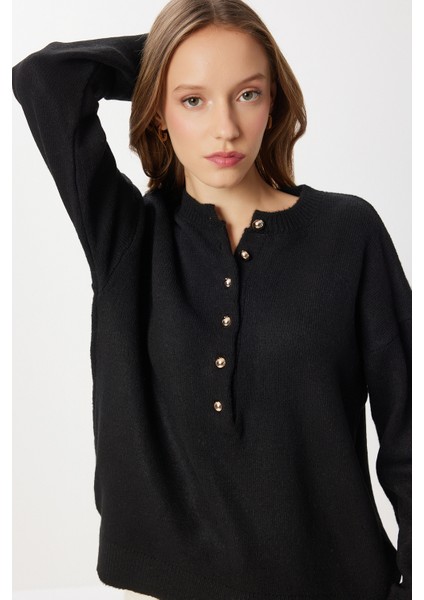 Düğmeli Yumuşak Dokulu Triko Kazak LMT0045 Siyah