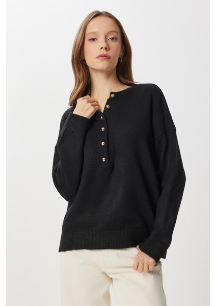 Düğmeli Yumuşak Dokulu Triko Kazak LMT0045 Siyah fiyatları