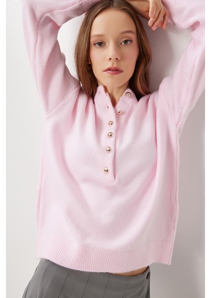 Düğmeli Yumuşak Dokulu Triko Kazak LMT0045 Şeker Pembe
