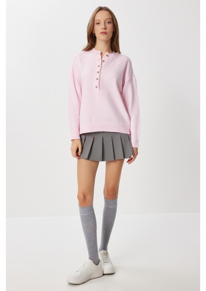 Düğmeli Yumuşak Dokulu Triko Kazak LMT0045 Şeker Pembe fiyatları