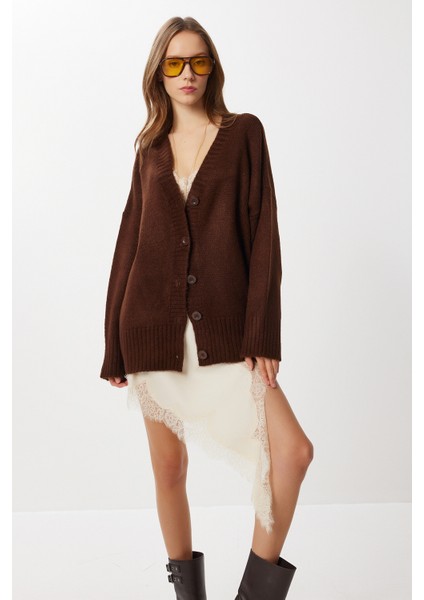 Oversize Düz Örgü Triko Hırka LNF0027 Kahverengi