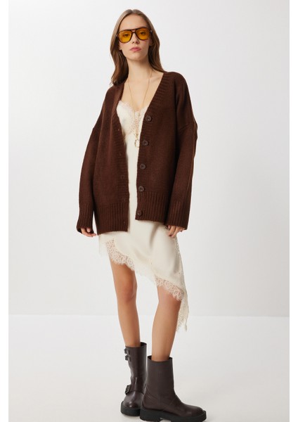 Oversize Düz Örgü Triko Hırka LNF0027 Kahverengi fiyatları