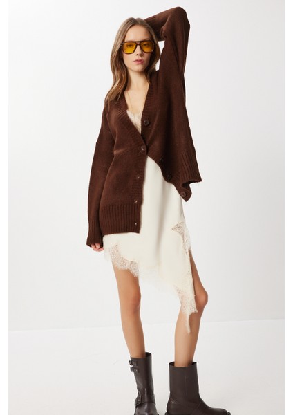 Oversize Düz Örgü Triko Hırka LNF0027 Kahverengi modelleri