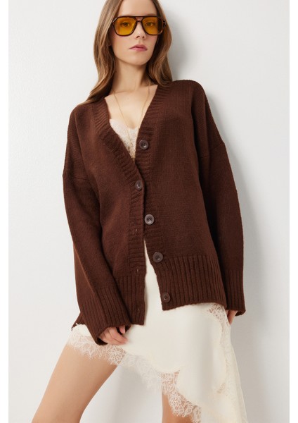 Oversize Düz Örgü Triko Hırka LNF0027 Kahverengi indirimleri